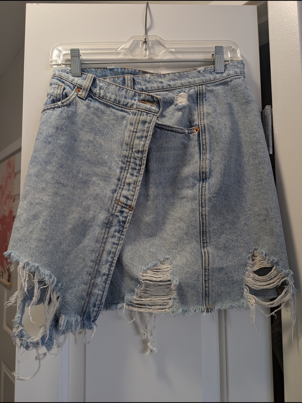 We The Free Light Blue Distressed Denim Mini Skirt